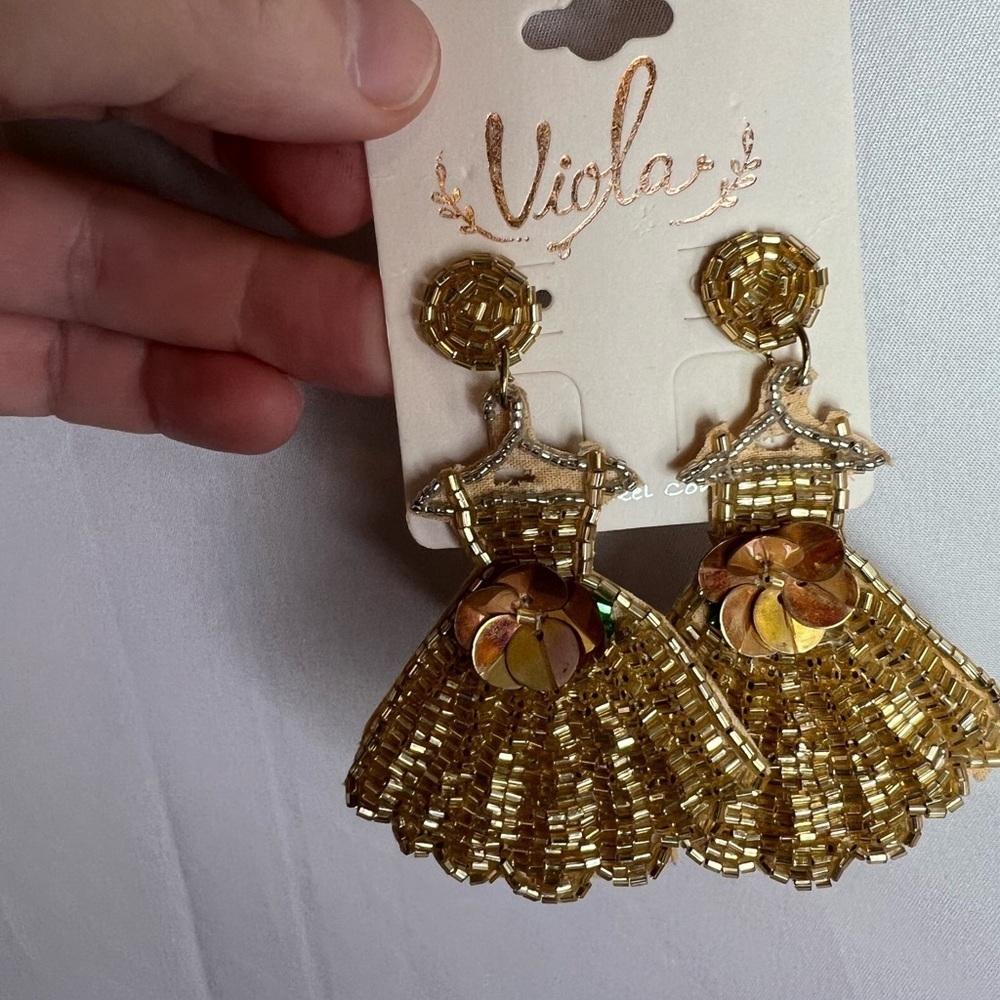 Viola Gold Beaded Dress on a Hangar Dangle Earrings NWT